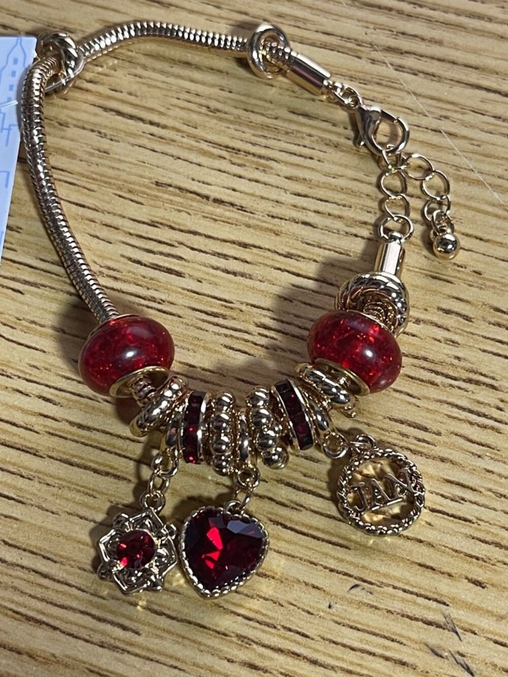 Gold Tone January Charm Bracelet  Red Beads & Heart Charms Skyline Collection